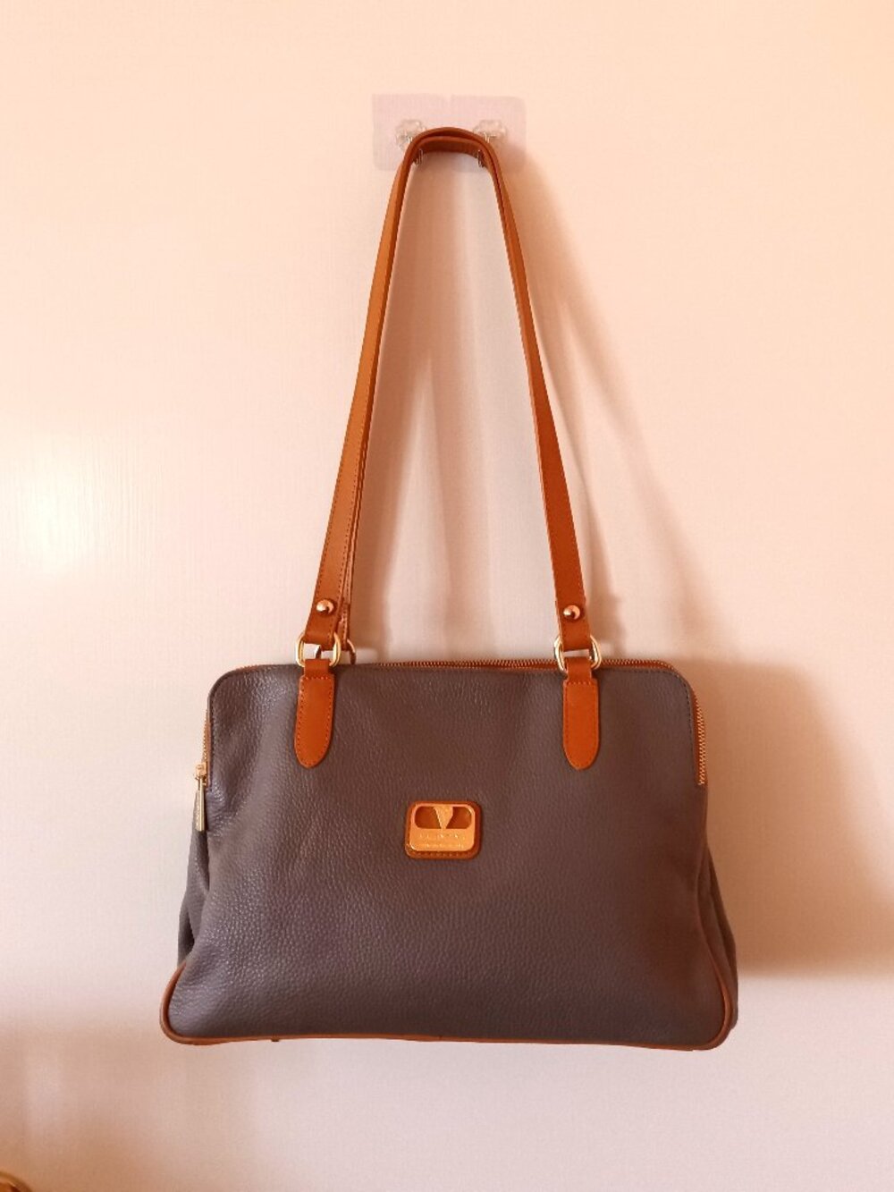 Italian Rabbled Leather Three-Entry Shoulder Bag VALENTINA